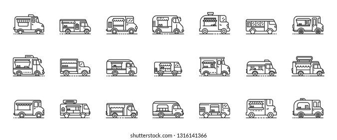 Food Truck Icons Set. Outline Set Of Food Truck Vector Icons For Web Design Isolated On White Background