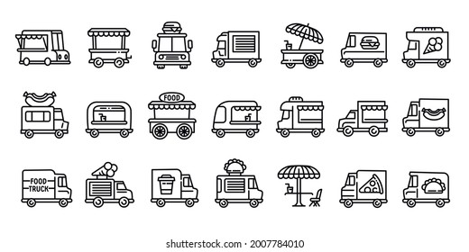 Food truck icons set. Outline set of food truck vector icons for web design isolated on white background