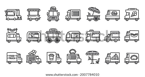 Food truck icons set.\
Outline set of food truck vector icons for web design isolated on\
white background