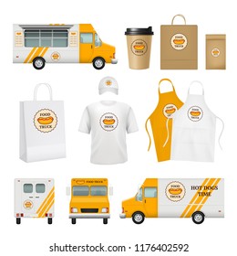 Food truck identity. Fast catering business tools for mobile restaurant delivery cards logos blank poster packages vector template. Illustration of branding logo for catering and food truck