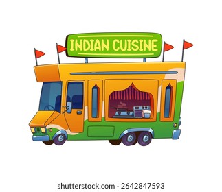 Food truck or Indian cuisine street food car van, cartoon vector mobile kiosk. Indian curry meals truck or street food booth of summer festival park and street food market vendor trade stall