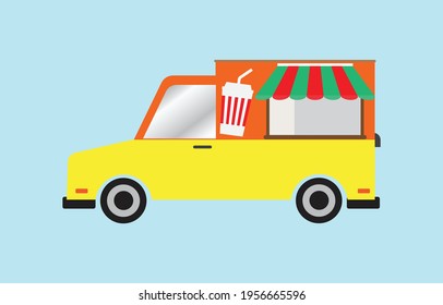 Food Truck Isolated On Blue Background. Vector Ilustration.