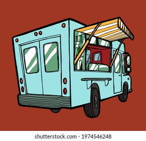 Food truck isolated vintage street food vehicle silkscreen vector illustration.