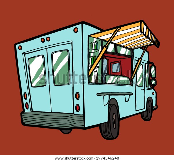 Food truck isolated vintage street food\
vehicle silkscreen vector\
illustration.