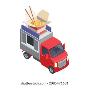 Composición isométrica del camión de alimentos con ayuda de vehículos de transporte de carga rápida de vehículos de transporte