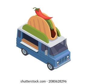 Food truck isometric composition with van based mobile fastfood selling point vector illustration