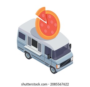 Food truck isometric composition with van based mobile fastfood selling point vector illustration