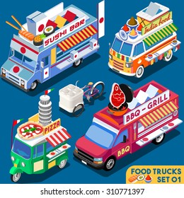 Food Truck Isometric icon Collection. isometric Indian food Delivery Master. Street Food Chef bbq truck icon. Flat 3d isolated vector truck van Vehicle icon Set. Bbq street Dish Cuisine Illustration