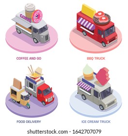 Food truck isometric set of four round platforms with street fastfood stalls and editable text captions vector illustration