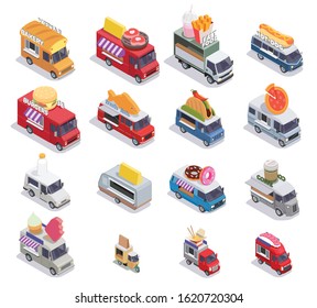 Food truck isometric set of sixteen isolated images with mobile fastfood selling points of different design vector illustration