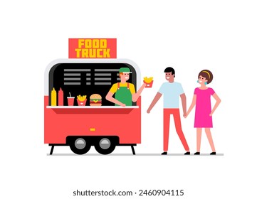 Food Truck. Kiosk vendor. People walking and buying snacks. Street food truck. Side view
