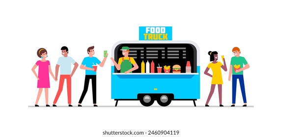 Food Truck. Kiosk-Anbieter. Menschen gehen und kaufen Snacks. Straßenküchenwagen. Seitenansicht
