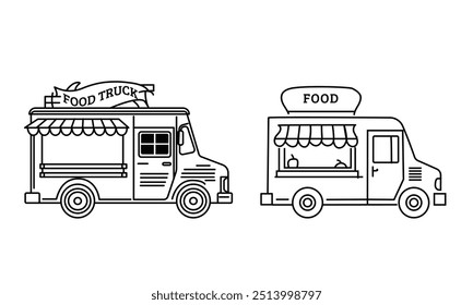 Food Truck line art. ilustração de vetor de food truck desenhada à mão isolar no fundo branco