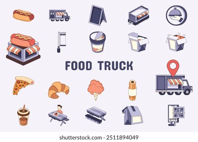 Food Truck Lineal Color Vector Illustration Icon Sticker Set Design Materials