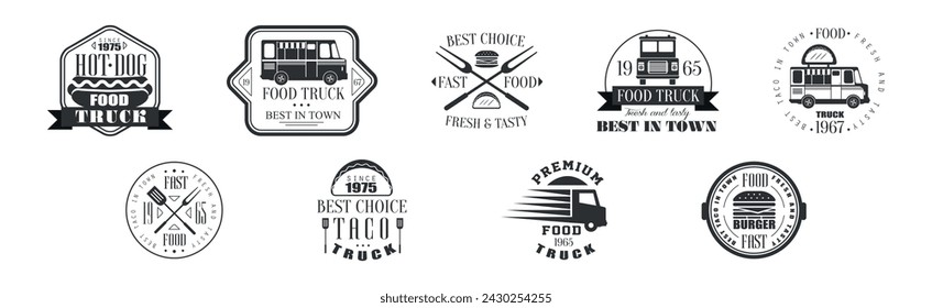 Food Truck Logo and Label Design with Text Vector Set