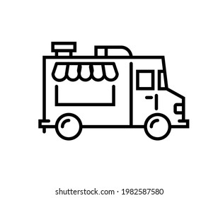 Food Truck Logo Line Icon. Vector Foodtruck Kitchen Street Van Design Icon