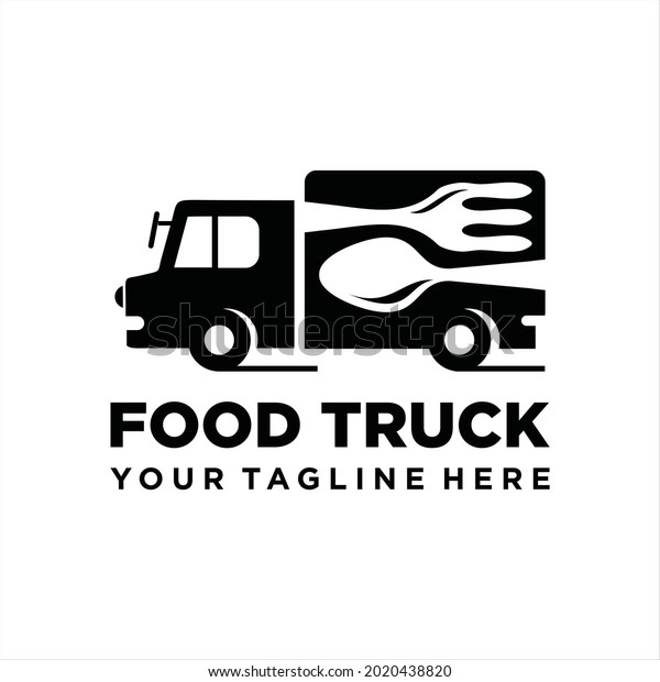 Food truck logo template. Street food cart vector\
design. Mobile cafe car logo background. Festival shop transport to\
cook and sell meals