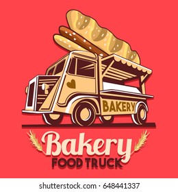 Food truck logotype for bakery bread fast delivery service or bakers street food festival. Truck van with advertise ads vector logo icon