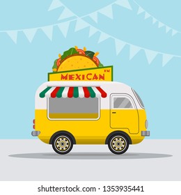 Food truck logotype for Mexican food meal fast delivery service or summer food festival. Truck van with Mexican food, taco and burrito. Vector illustration.