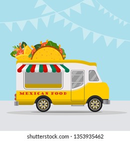 Food truck logotype for Mexican food meal fast delivery service or summer food festival. Truck van with Mexican food, taco and burrito. Vector illustration.