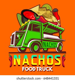 Food truck logotype for Mexican nachos chili pepper fast delivery service or summer food festival. Truck van with nachos an chili pepper advertise ads vector logo