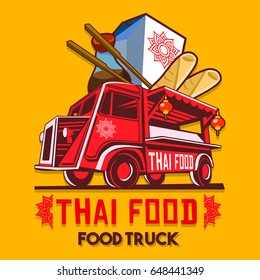 Food truck logotype for thai food restaurant fast delivery service or festival. Truck van with thai food advertise ads vector logo