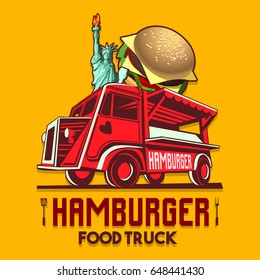 Food truck logotype for usa us american hamburger burger restaurant fast delivery service or food festival. Truck van with hamburger advertise ads vector logo