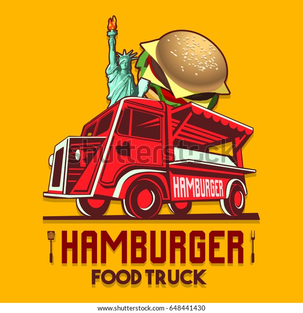 Food truck logotype for usa us\
american hamburger burger restaurant fast delivery service or food\
festival. Truck van with hamburger advertise ads vector\
logo