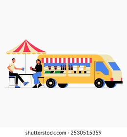 Food truck with male and female customers seated outdoors in flat vector illustration symbolizing street food, dining, and casual social interaction, isolated on white background