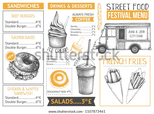 Food truck menu design on white backgorund.\
Fast food Restaurant flyer. Vector cafe template with hand drawn\
graphic - burgers, drinks, desserts. \
