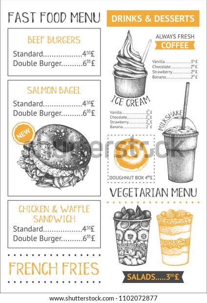 Food truck menu design template with hand drawn\
burgers, fries, desserts and drinks sketches. Fast food restaurant\
or cafe flyer isolated on white.\
