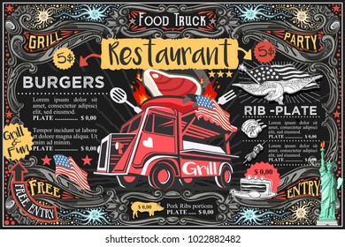 Menú de food truck con logotipo. Diseño de publicidad Hipster. Diseño vectorial de nosotros.