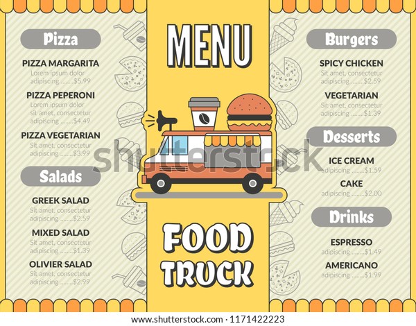 Food truck menu.\
Outdoor kitchen in car mobile van mexican tacos ice cream fast food\
drinks pizza flyer vector template. Illustration of food truck\
menu, street car\
restaurant