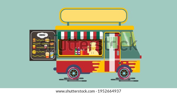 Food Truck with\
menu Sign Board.Chef\
inside