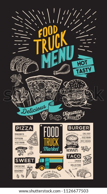 Food truck menu\
for street fest. Design template on blackboard with vintage\
hand-drawn graphic\
illustrations.