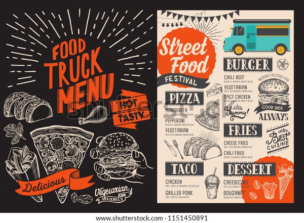 Food truck menu for street fest. Design\
template with hand-drawn graphic\
illustrations.