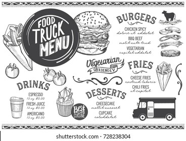 Food truck menu for street festival. Design template with hand-drawn graphic illustrations.