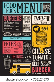 Food truck menu for street festival. Design template with hand-drawn graphic illustrations.