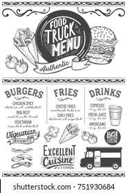 Food truck menu for street festival. Design template with hand-drawn graphic illustrations.