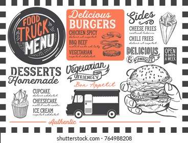 Menú de food truck para el festival callejero. Plantilla de diseño con ilustraciones gráficas dibujadas a mano.