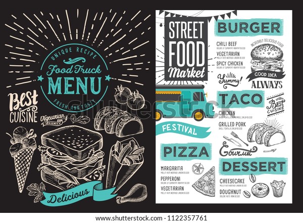 Food\
truck menu for street festival on blackboard background. Design\
template with hand-drawn graphic\
illustrations.