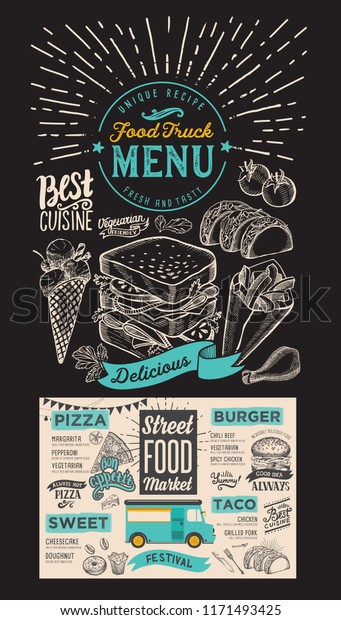 Food truck\
menu for street festival on chalkboard background design template\
with hand-drawn graphic\
illustrations