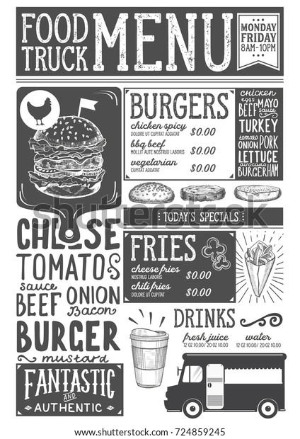 Food truck menu for street\
festival. Design template with hand-drawn graphic\
illustrations.