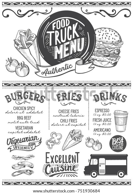 Food truck menu for street\
festival. Design template with hand-drawn graphic\
illustrations.