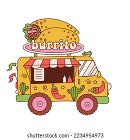 Food truck for Mexican food meal fast delivery service or summer food festival. Truck van with burrito on the roof. Vector contour retro cartoon illustration.