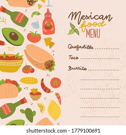 Food truck Mexican food menu. Set of colorful hand drawn Mexican food elements -burrito, taco, margarita, lemon, cactus, tomato. Hand drawn food for restaurant menu, banner, flyer, print design