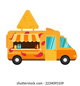 Food truck for Mexican nachos chili pepper fast delivery service or summer food festival. Truck van with nachos on white background