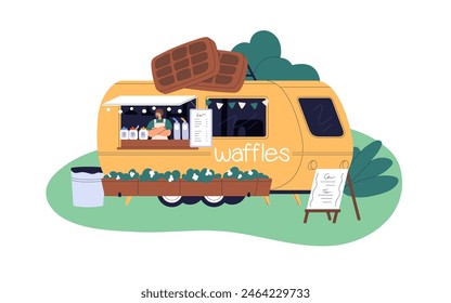 Camión de comida, café callejero móvil con menú de gofres. Hombre vendiendo postres desde furgoneta, caravana de verano al aire libre con aperitivos. Empresa de catering sobre ruedas. Ilustración vectorial plana aislada sobre fondo blanco