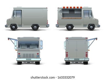 Food Truck Mockup. Realistic Delivery Car Or Mobile Kitchen With Open Window For Brand Identity. Vector Blank Isolated Set Of Street Food Truck On White Background Like Restaurant Commercial Brand