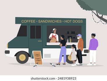 A food truck offers coffee, sandwiches, and hot dogs to customers, including a family, under a shaded tree